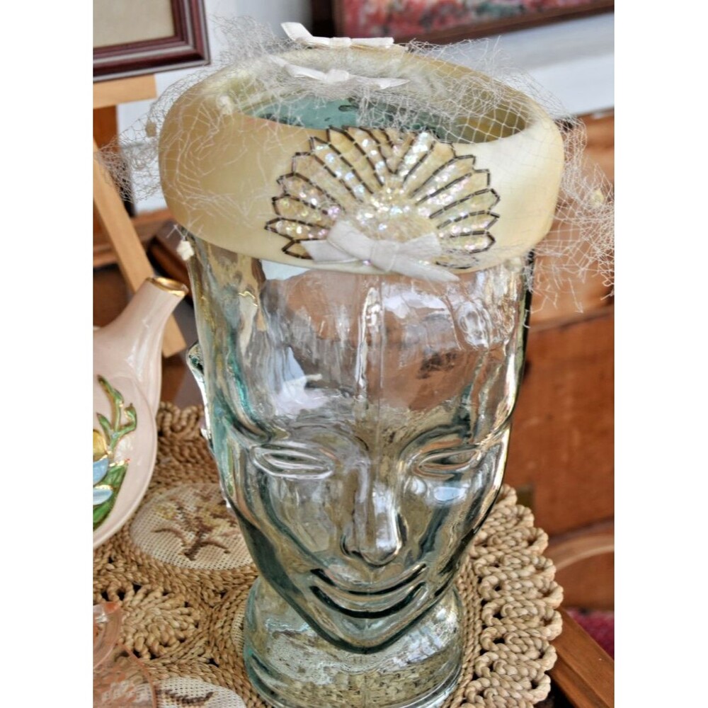 Vintage Union Made Off White Open Top Sequined With Mesh Veil Covering Pill Box